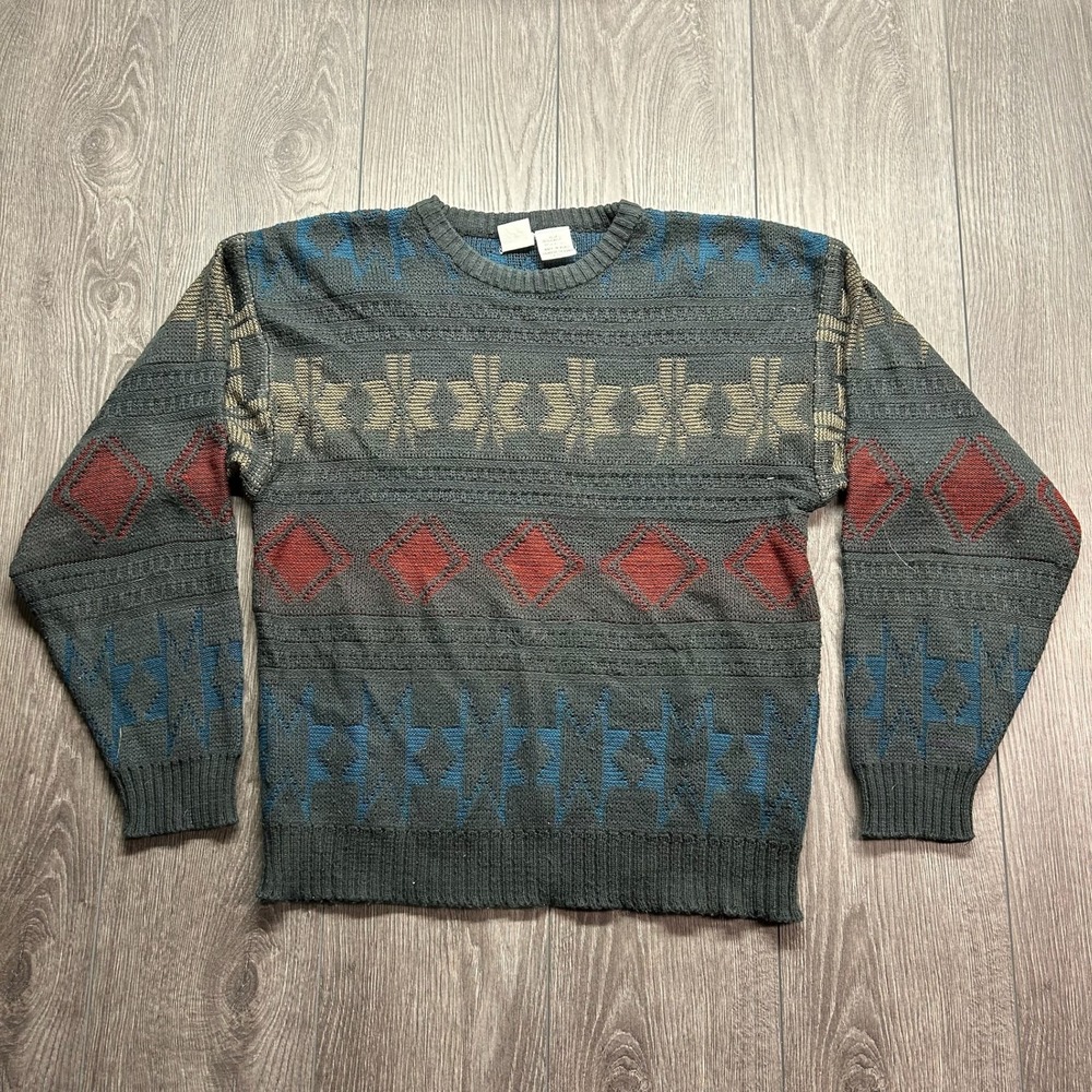 Vintage Politix Mens Medium Geometric Fair Isle Knit Crewneck Sweater Grey Blue